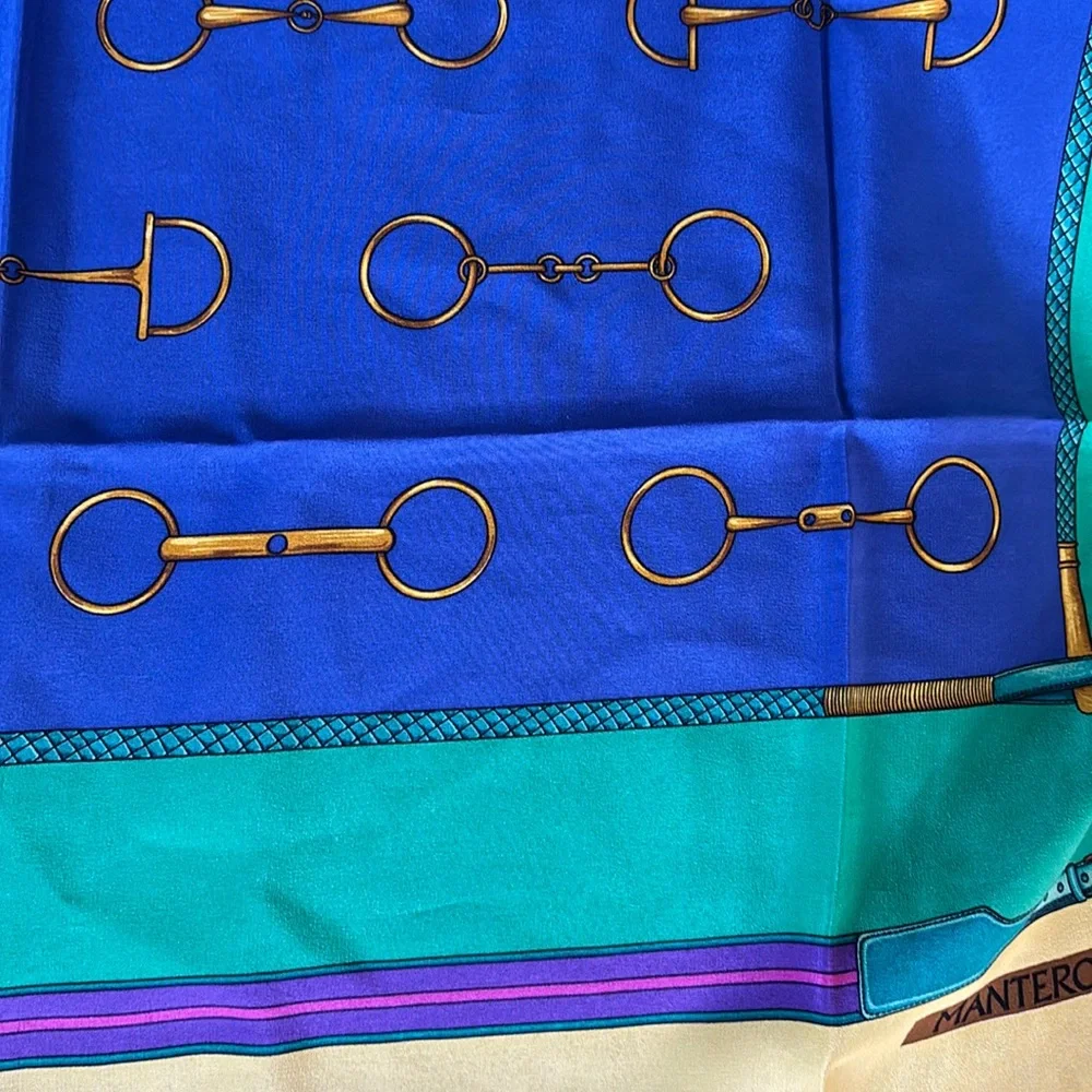 Silk link Print Scarf in Royal Blue, Green & Yellow
